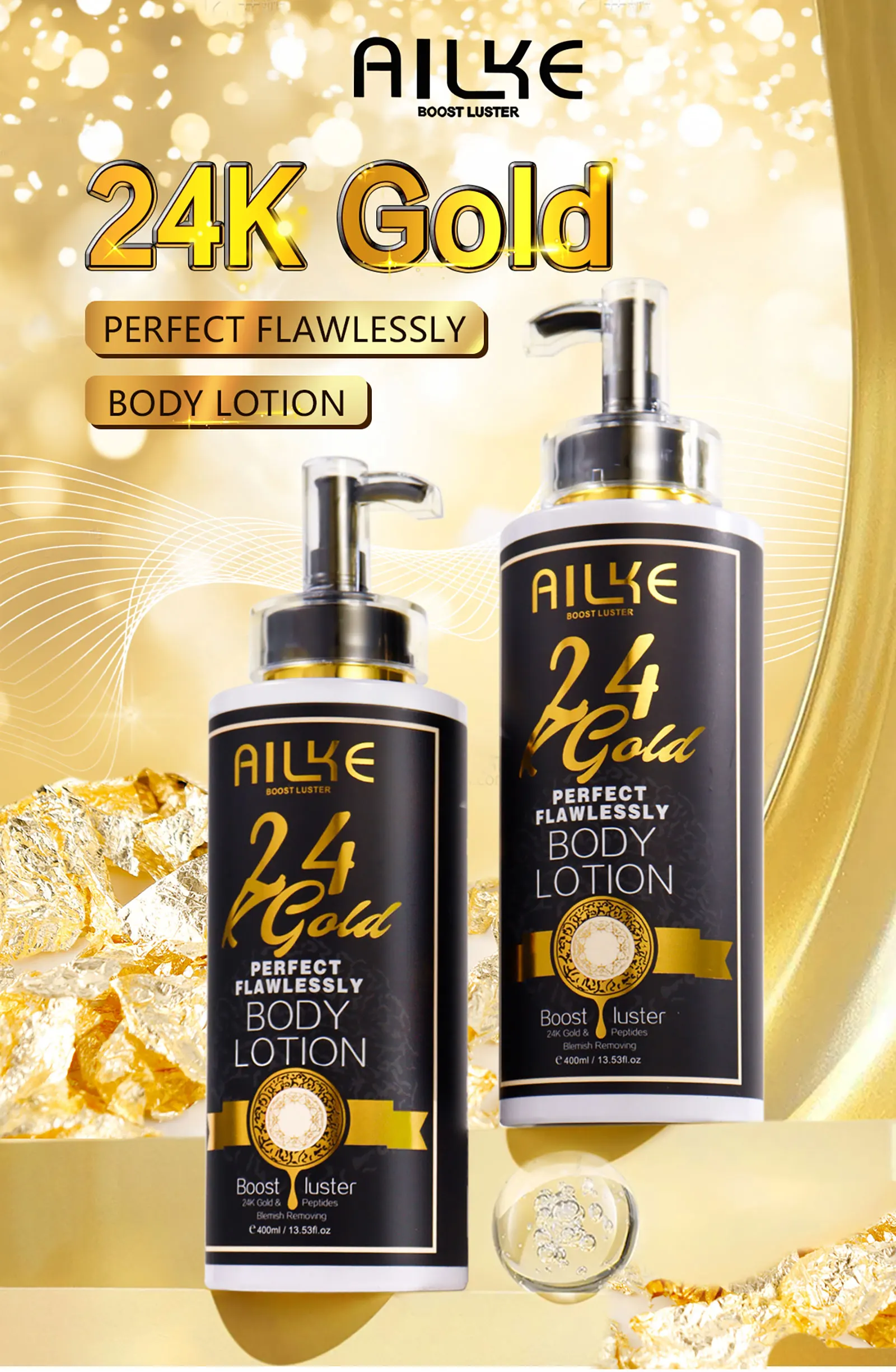 AILKE 24k Gold Perfekte makellose Körperlotion, aufhellend, hemmt Melanin, feuchtigkeitsspendend, UV-Schutz, mit Nikotinamid-Vitamin C – Detail 1