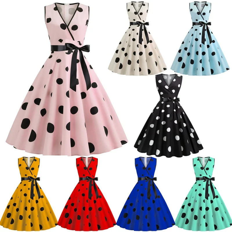 

ZWomen's Clothing Supply New Summer Hot SaleVCollar Sleeveless Polka-Dot Self-Tie Waist-Tight Retro Big Swing Dress