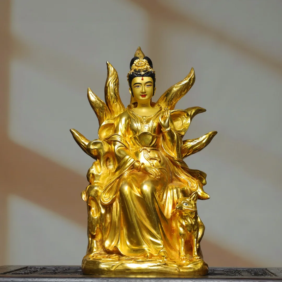 12 Folk Old Bronze Gilded Painted Face Nine Tailed Fox Fairy Sitting Buddha Fox backlight Worship Hall