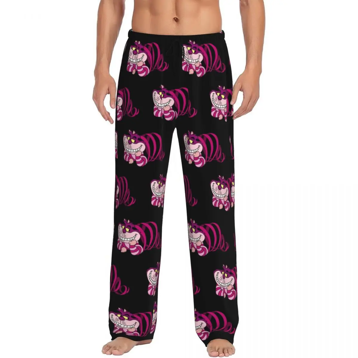 Custom Cheshire Cat Pajama Pants Men Alice In Wonderland Cartoon Lounge Sleep Stretch Sleepwear Bottoms with Pockets