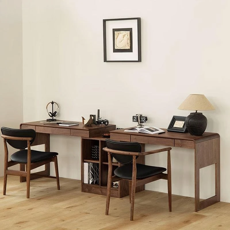 Solid wood double desk bookcase, cherry wood computer desk
