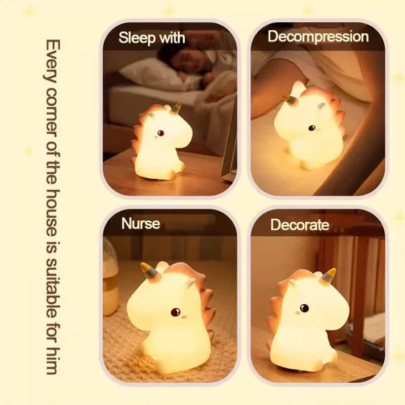 Cute Unicorn Silicone LED Night Light USB Rechargeable Cartoon Animal Bedroom Decor Touch Night Lamp for Kids Children Gifts