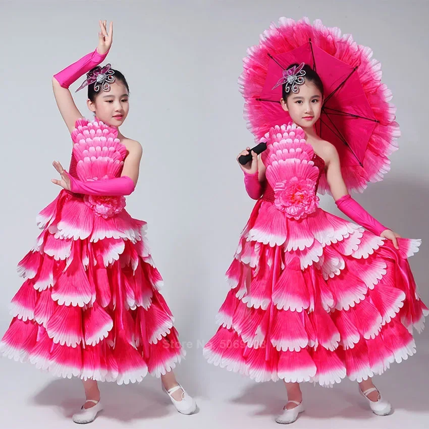 Gypsy Girls Spanish Bullfight Flamenco Skirts Belly Dance Dresses For Kids Girls Long Robe Flamenco Peony Petal Dress Costumes