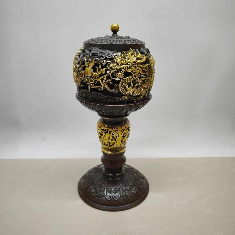 Antique collectible brass and copper gilded double ornament, dragon lantern incense burner decoration