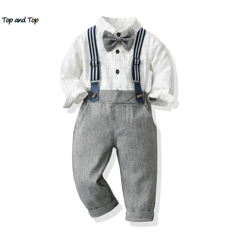 top and top New Fashion Kids Toddler Boys Gentleman Clothing Sets Long Sleeve Plaid Bowtie Shirts+Suspenders Pants Outfits Suits