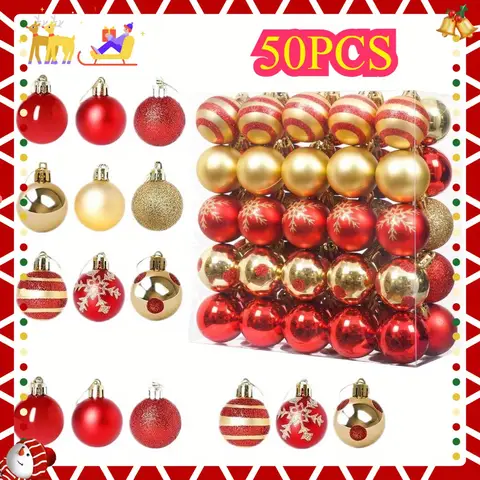 50PCS Christmas Ornaments Set – Red & Gold Shatterproof Balls, 9 Styles Xmas Tree Decorations for Holiday
