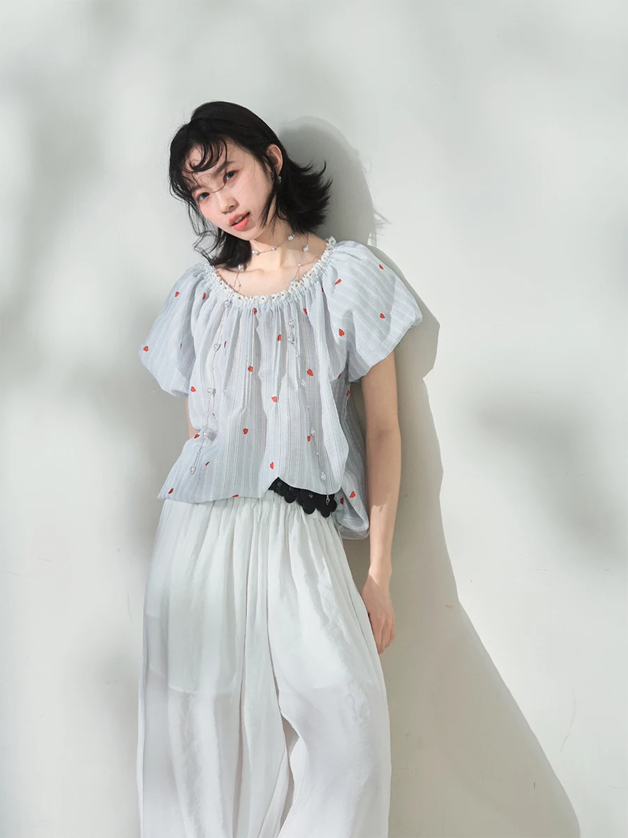 

Женский модный топ Liparpa с вышивкой, свободного кроя, с кружевной отделкой на плечах, из хлопка, с коротким рукавом и круглым вырезом, весна 2026