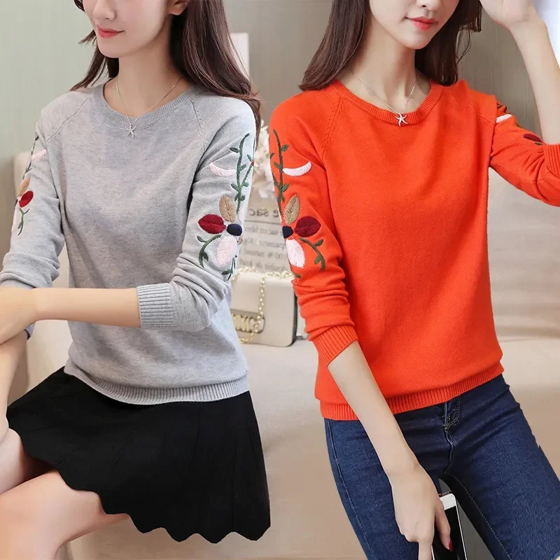 

Осенний женский модный свободный свитер с длинным рукавом, корейский стиль, однотонный вязаный пуловер с круглым вырезом и вышивкой