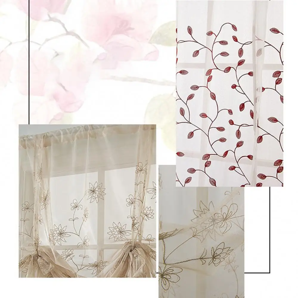 Cenefa de poliéster con estampado de flores para cocina, cortina corta para ventana, sala de estar, dormitorio, cortinas de gasa transparente, decoración del hogar