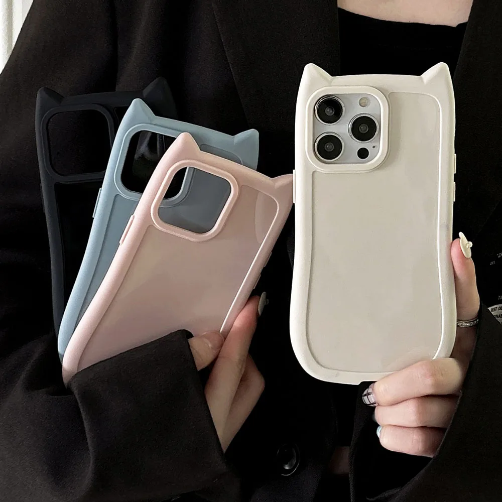 Korean Cat Ear Candy Color Case For iPhone 11 13 12 14 15 Pro Max 16 14Pro Max Cartoon Kitten Shockproof Girl Soft Back Cover