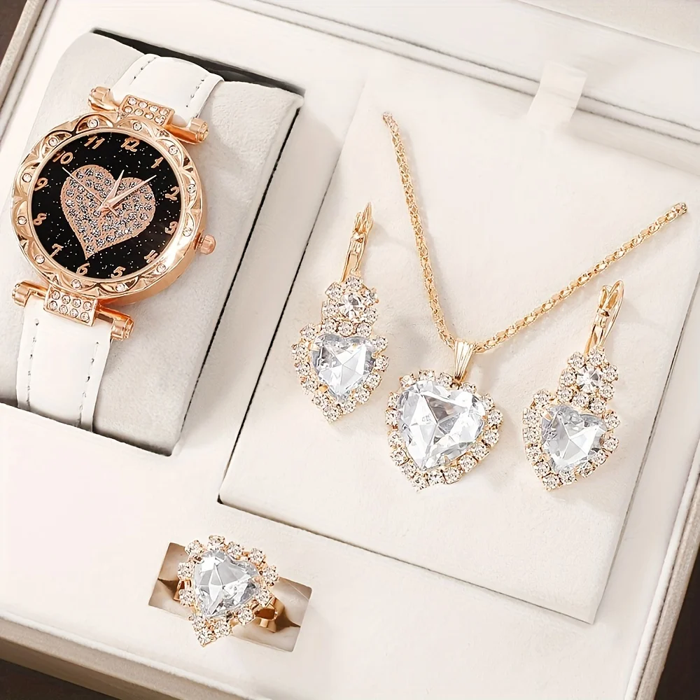 

5 Pcs Round Quartz Watches PU Leather Strap Zinc Alloy Pointer Zinc Alloy Dial And Rhinestone Necklace Earrings Jewelry