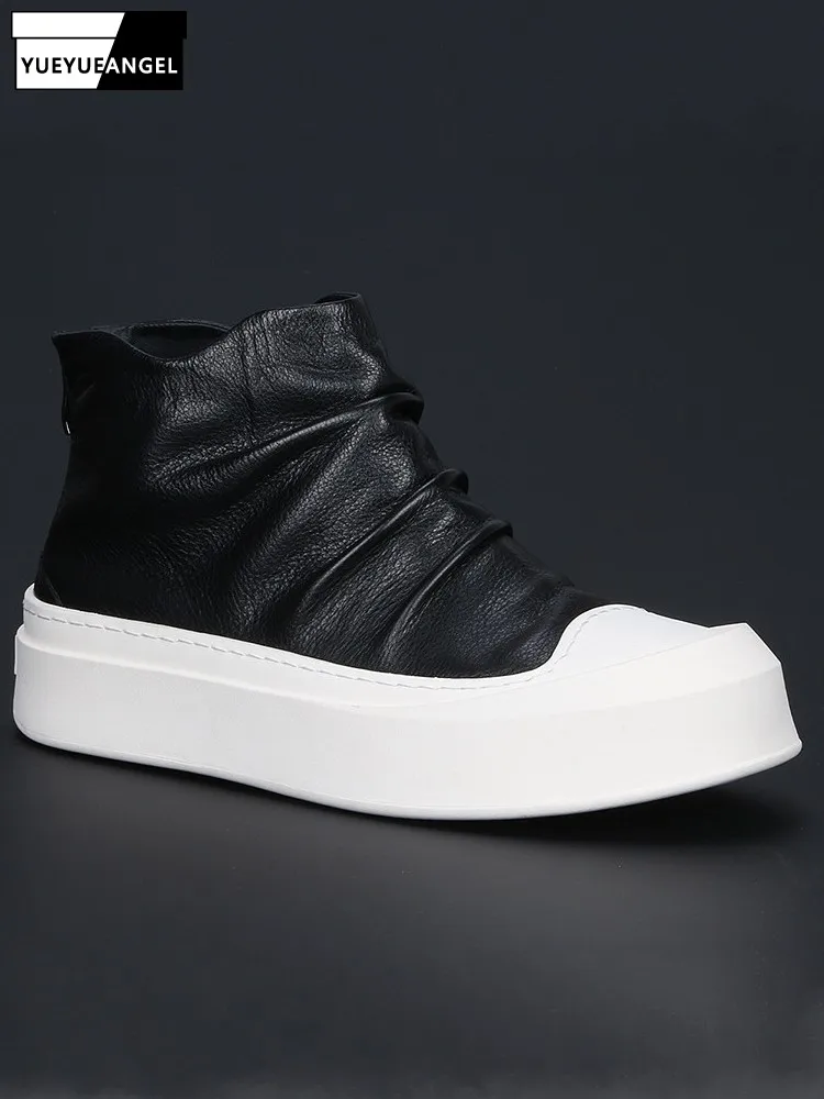 

Fashion Men High Top Thick Platform Skateboard Shoes Zipper Cowhide Genuine Leather Ankle Boots New Hip Hop Man Casual Sneakers