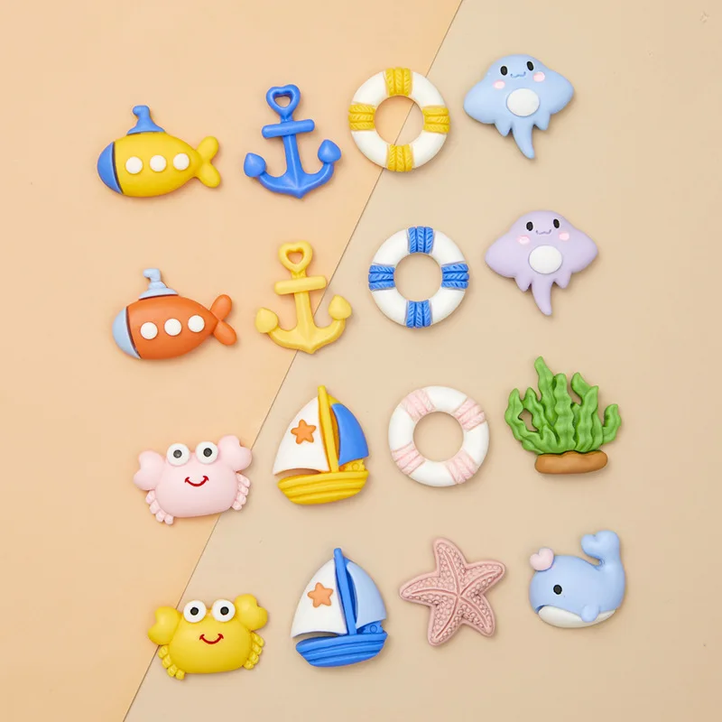 Dijes de animales marinos Kawaii, Mini barcos de vela de espalda plana, estatuilla de submarino de ballena de cangrejo, suministros de manualidades