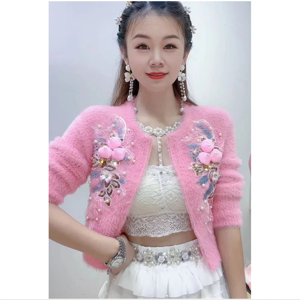 Chic Diamonds Beaded 3D Lily Flowers Embroidery Mink Fur Sweater Coat Zipper Knitted Cardigan Hairy Jacket Zippers Cardigan Tops