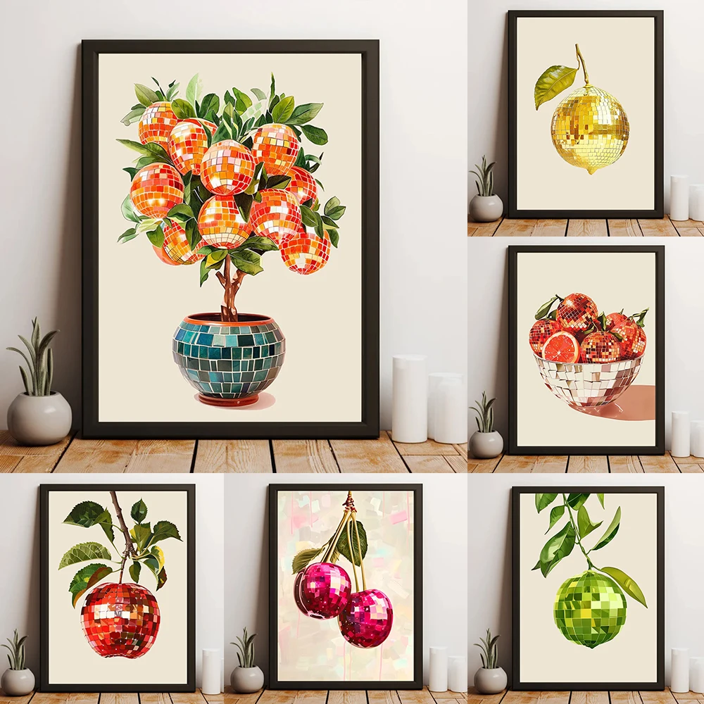(No frame)Retro Orange Tree Red Strawberry Lemon Fruit Disco Mirror Ball Poster Canvas Painting Preppy Home Bedroom Dorm Deco