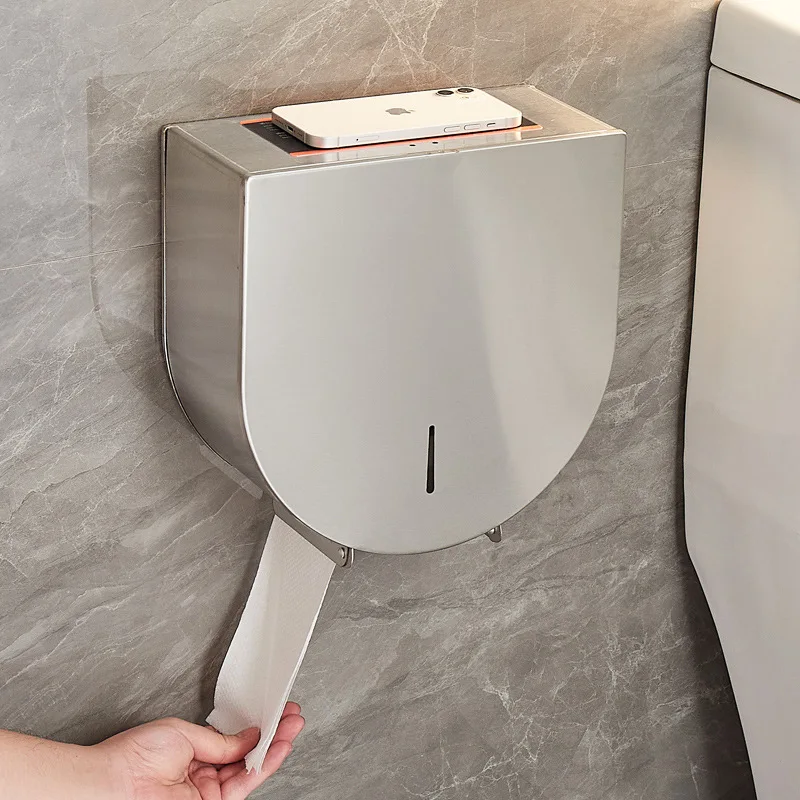 Stainless steel toilet roll paper box public toilet hand wiping paper box hotel wall mounted large plate tissue holder  bathroom