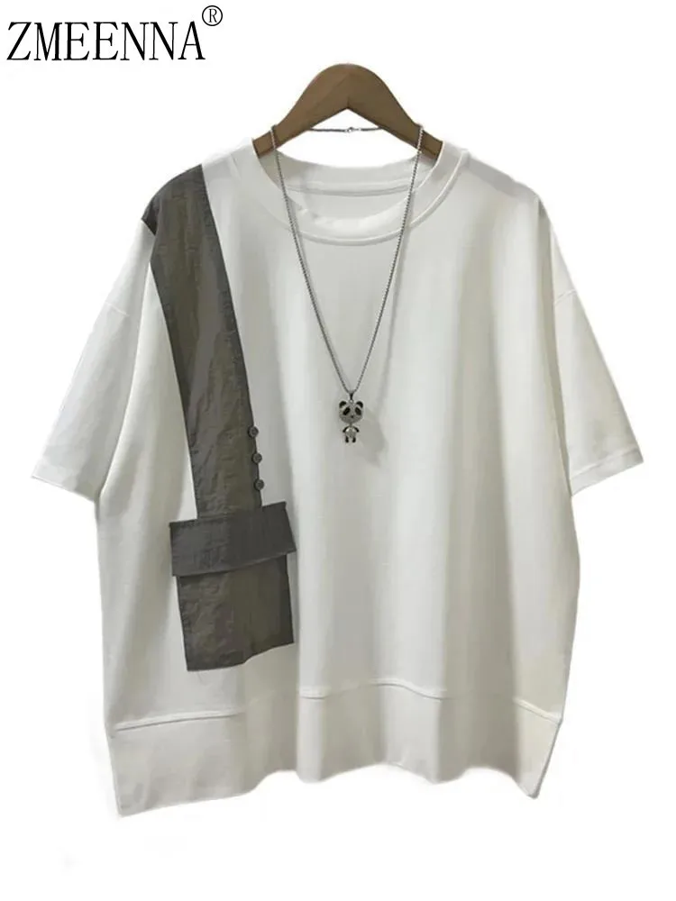 

ZMEENNA Patchwork T-Shirt Casual Loose Fit Short Sleeve Top Stylish Contrast Design Crew Neck Fashionable Comfortable ZM901