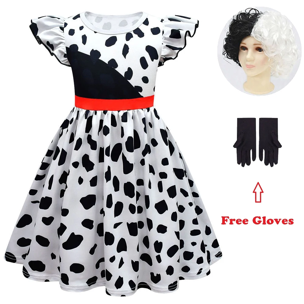 Cruella De Vil Cosplay Costume Girls Halloween Party Suits Gown Black White Maid Dress with Gloves Feifei Sleeve Dress Outfit