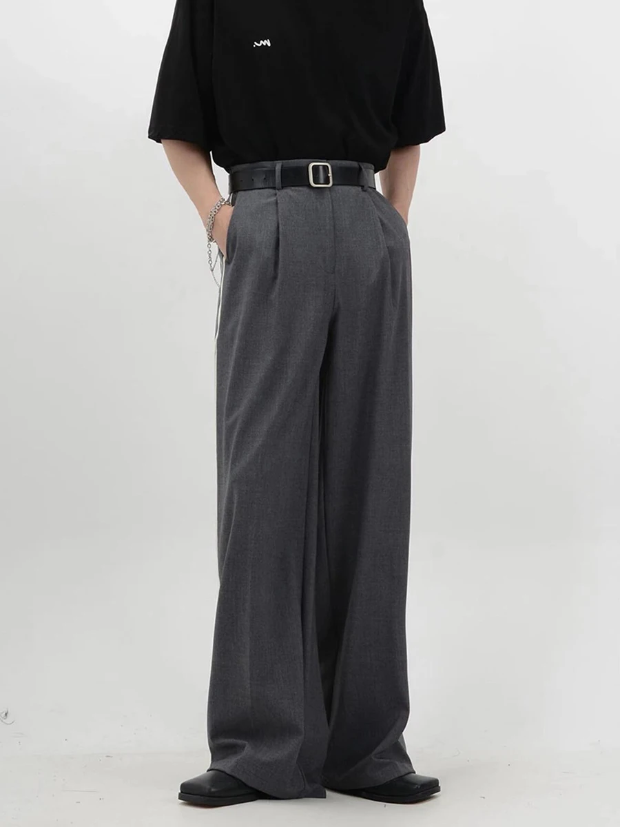 REDDACHiC Business Casual Men Suit Pants Gray Plain Wide Leg Pleated Front High Waist Pockets Draped Dress Pants Male Trousers