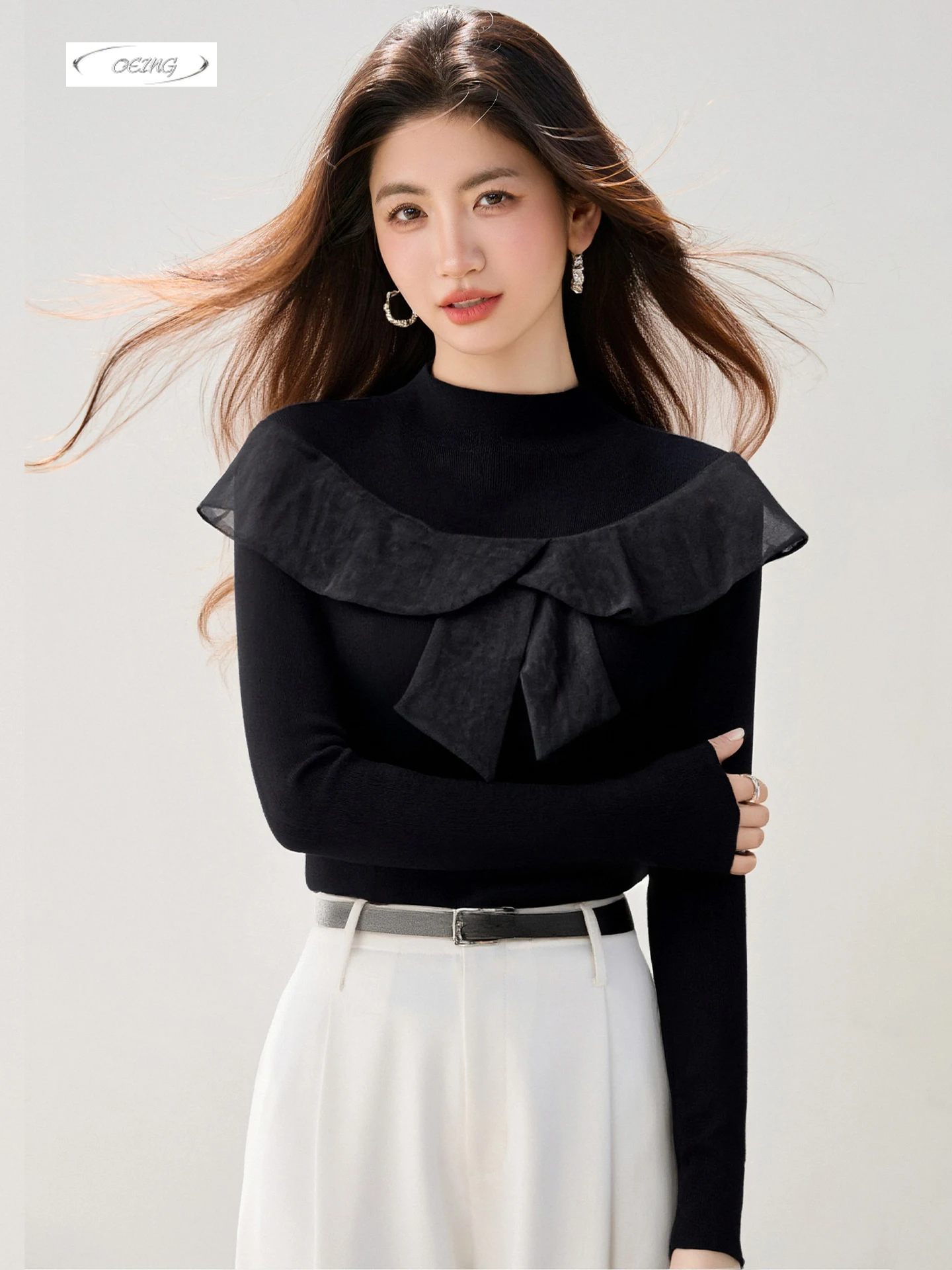 

Mock Neck Spliced Long Sleeve Black Knitted Sweater Bottoming Pullover Top Women Autumn Winter Elegant Chic Slim Knitwear 9766