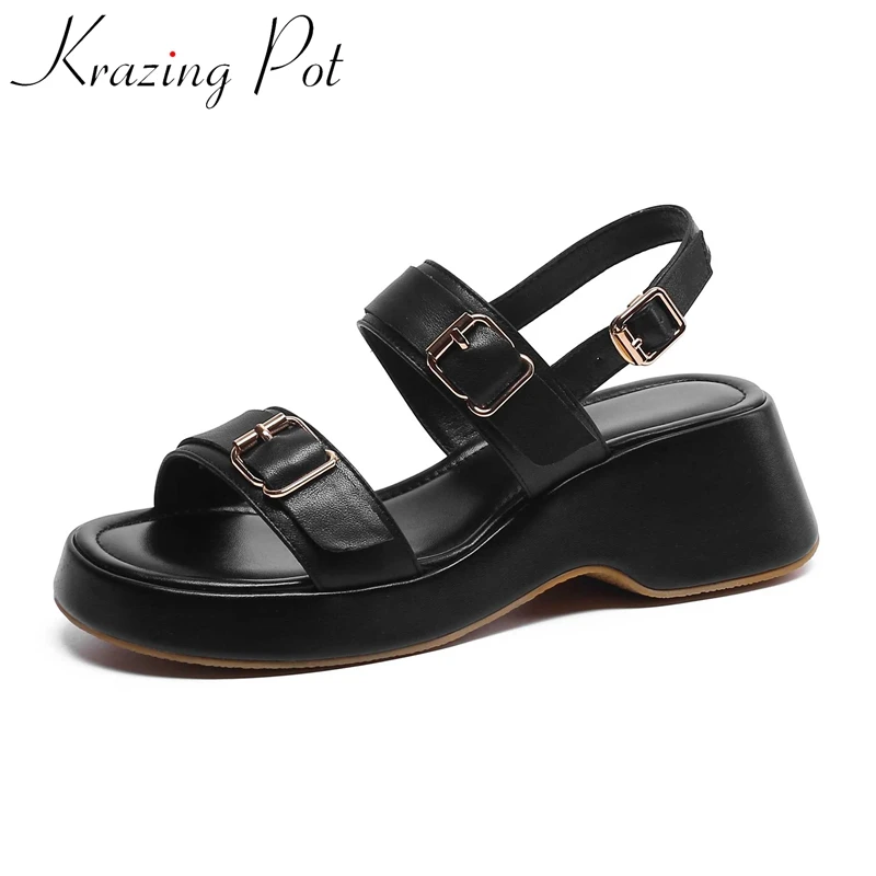 

Krazing Pot Cow Leather Peep Toe High Heels Classics Colors Preppy Style Office Lady Buckle Strap Casual Platform Women Sandals