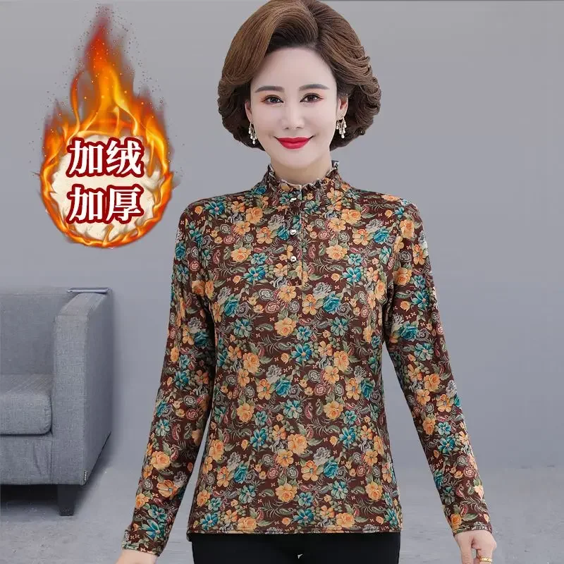 

New Style T-shirt for Women with Velvet and Thickened Collar Loose Fit Middle-aged and Elderly Style Bottoming Shirt