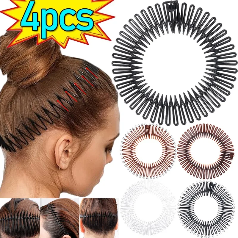 1-4pcs Rhinestone Plastic Full Circle Stretch Diamond Flexible Comb Women Girls Flexible Plastic Circle Teeth Hair Accessories