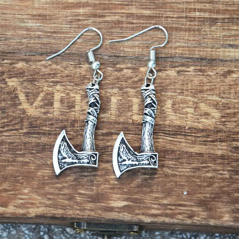 Odin Raven Slavic Perun Axe Earrings Vintage Mens Womens Viking Jewelry