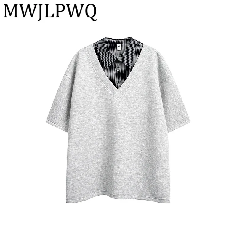 

MWJLPWQ Простая свободная футболка с отложным воротником и короткими рукавами в американском стиле, модная новинка лета 2023 года 21479