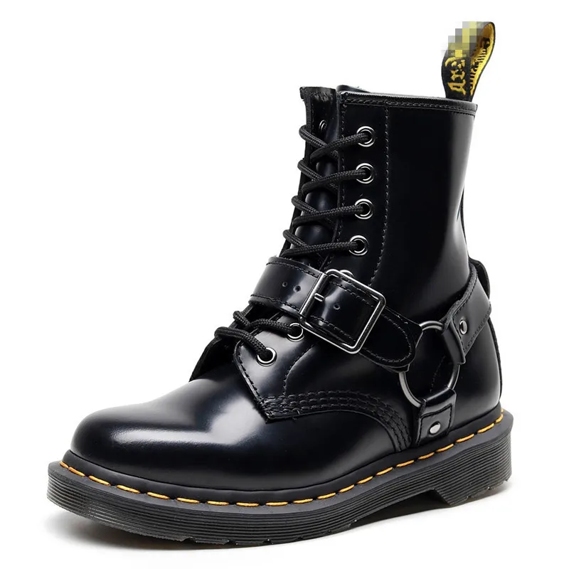 Buckle Strap Women's Fashionable Boots Buckle Short Boots Men/women's Leather Boots Round Toe Trendy Motorcycle Shoes