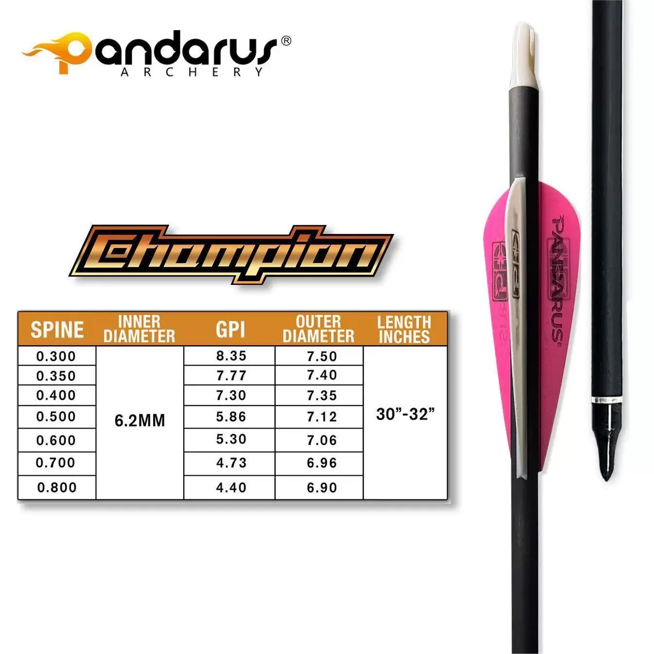 

Стрелы Pandarus Champion из чистого карбона, прямолинейность 0.001, диаметр 6.2 мм, спайн 300, 350, 400, 500, 600, 700, 800, для целевой стрельбы из лука