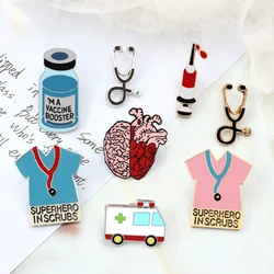 Doctor Nurse Stethoscope T-shirt Lapel Pins Medical Vaccine Syringe Heart Brooch Enamel Cartoon Ambulance Badge Backpack Jewelry