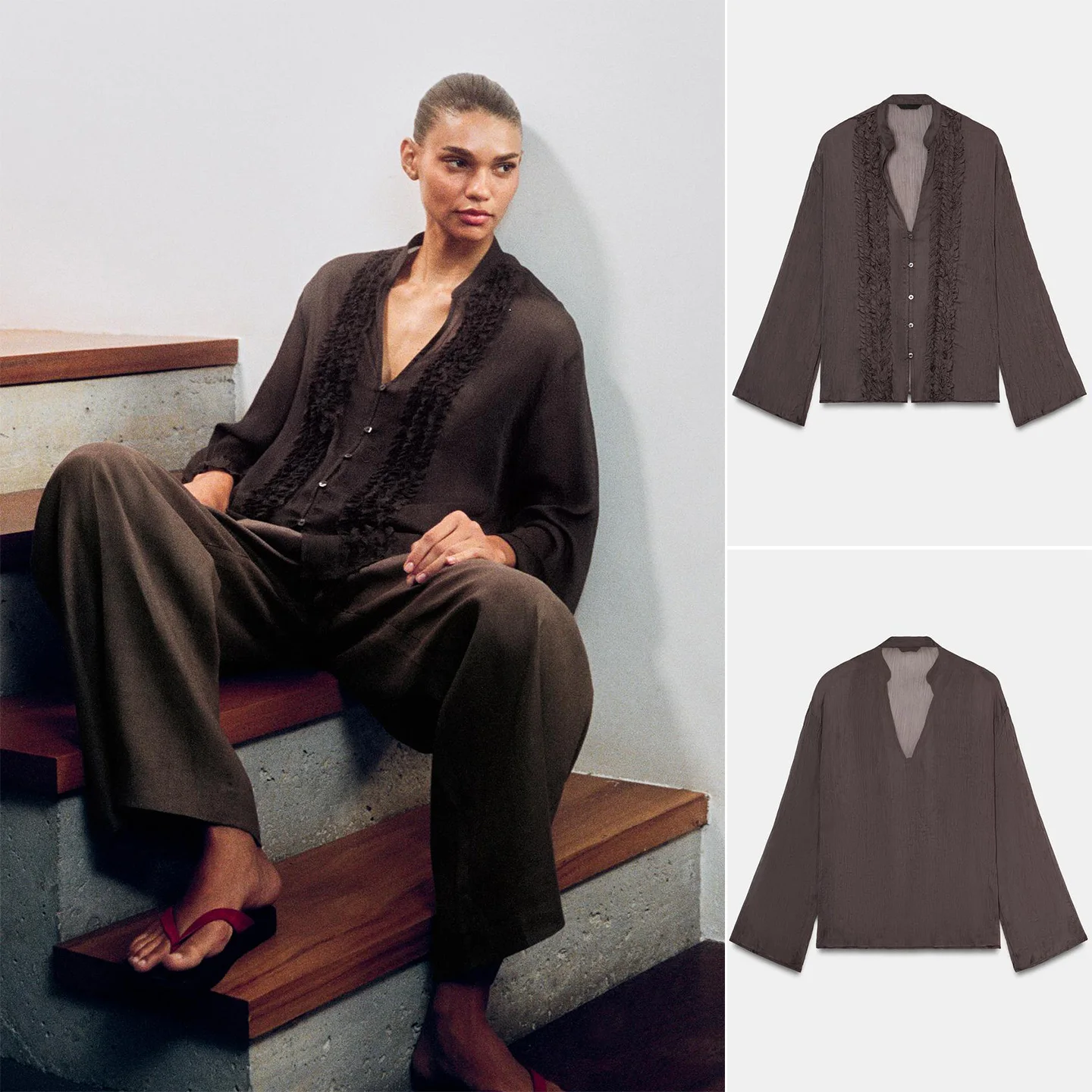 

Fashionable Loose Long Sleeve V-Neck Shirt Women's Top Layered Decoration Spring Summer New Arrival French Style Polyester Fiber