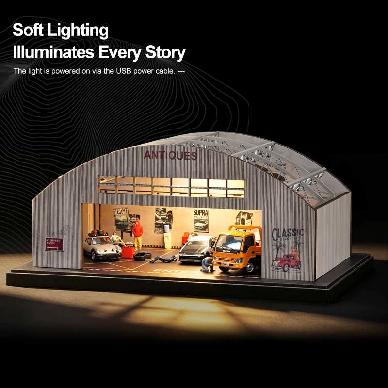 Collector 1:64 Grid Shed Parking Lot Scene Warehouse with Lights Model Miniature Car Model Storage Desktop Decorative Item