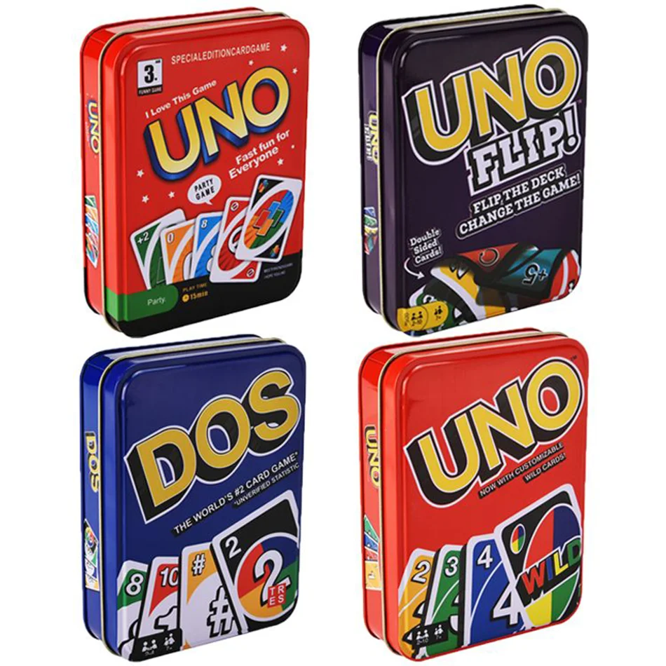 Mattel UNO DOS FLIP! Tin Box Family Card Game Entertainment Fun Poker Party Games Playing Cards Kids Toys