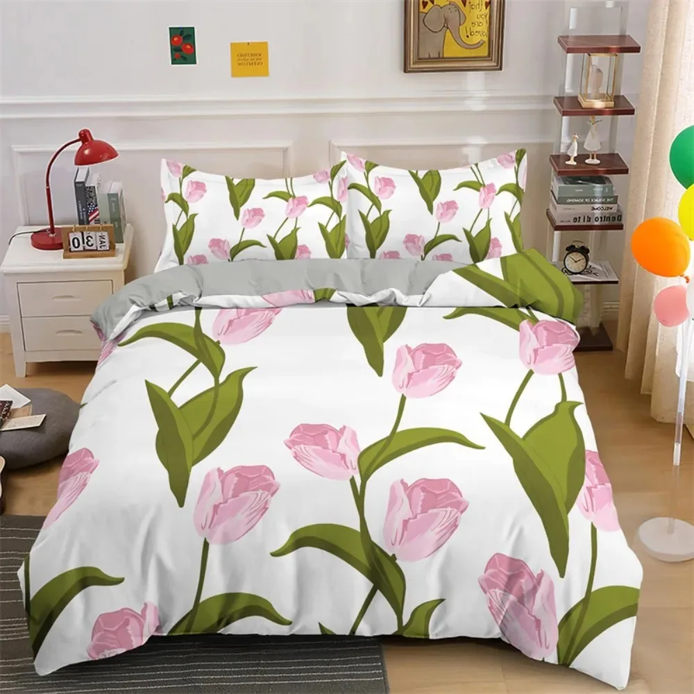Spring Flowers Tulip Bedding Set Morning Glory Pink Rose Duvet Cover Double Queen King Twin Full Size Women Girls Duvet Cover