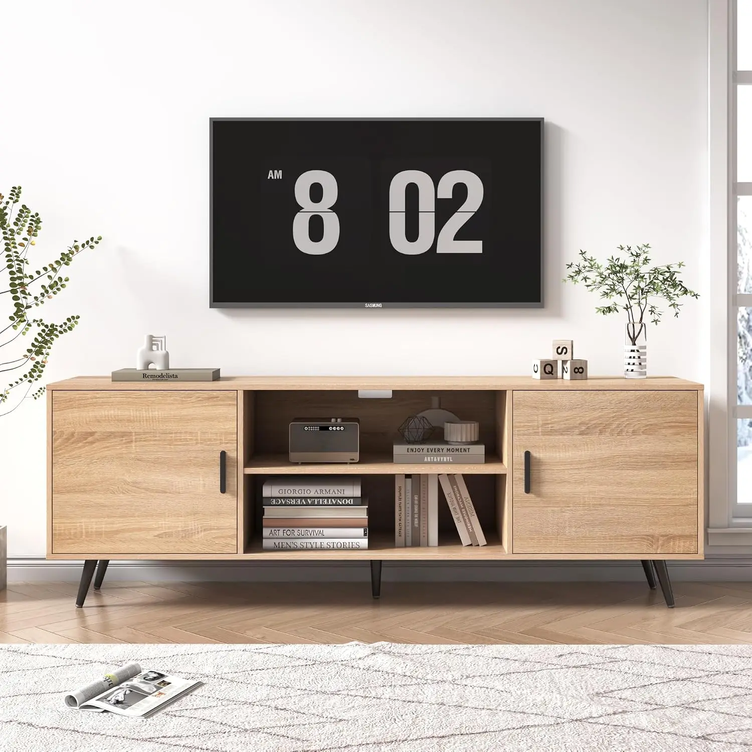 Mid Century Modern TV Stand 70in for 75in TV Wood Storage Entertainment Center Living Room Bedroom Media Console Oak, Customized