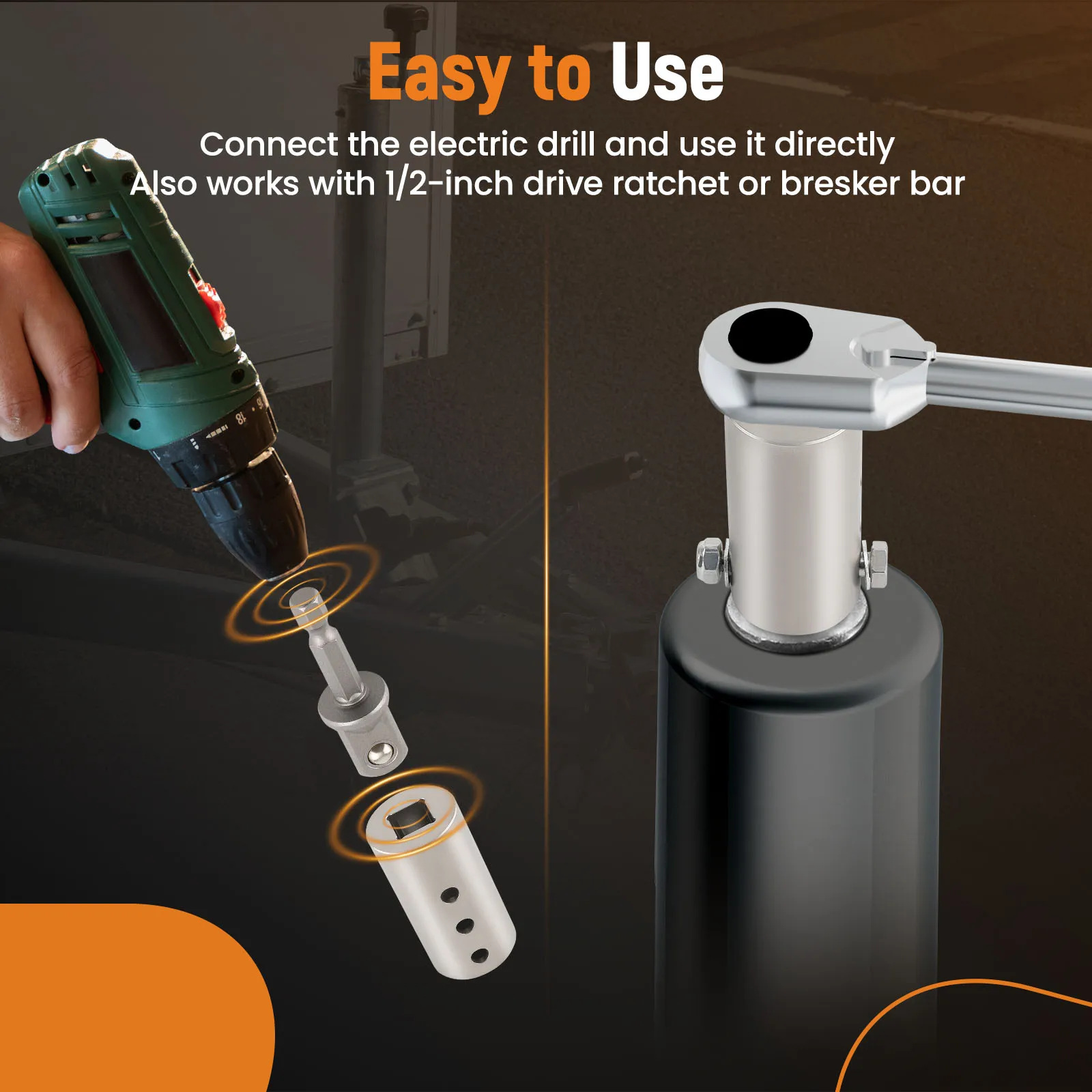 محول مثقاب كهربائي بمقبس مقطورة مع جوانات مع لقمة محول مقبس 1/2 بوصة لعمود محرك جاك 1 بوصة