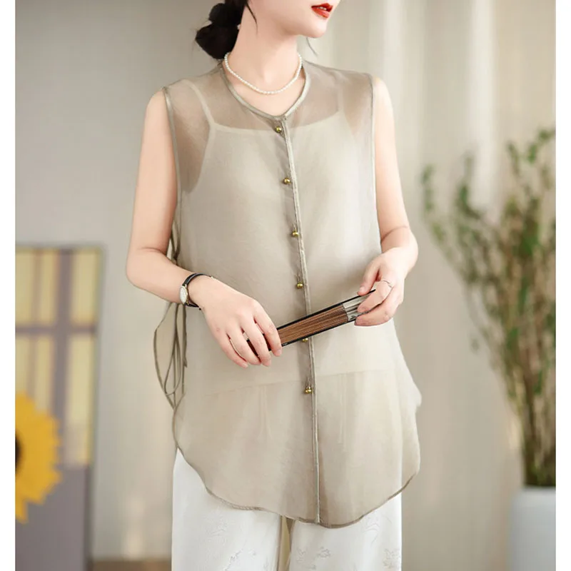 New Chinese Light Solid Color Sleeveless Vest 2026 Summer Plus Size Women's Fashion Temperament Long Sunscreen Cardigan