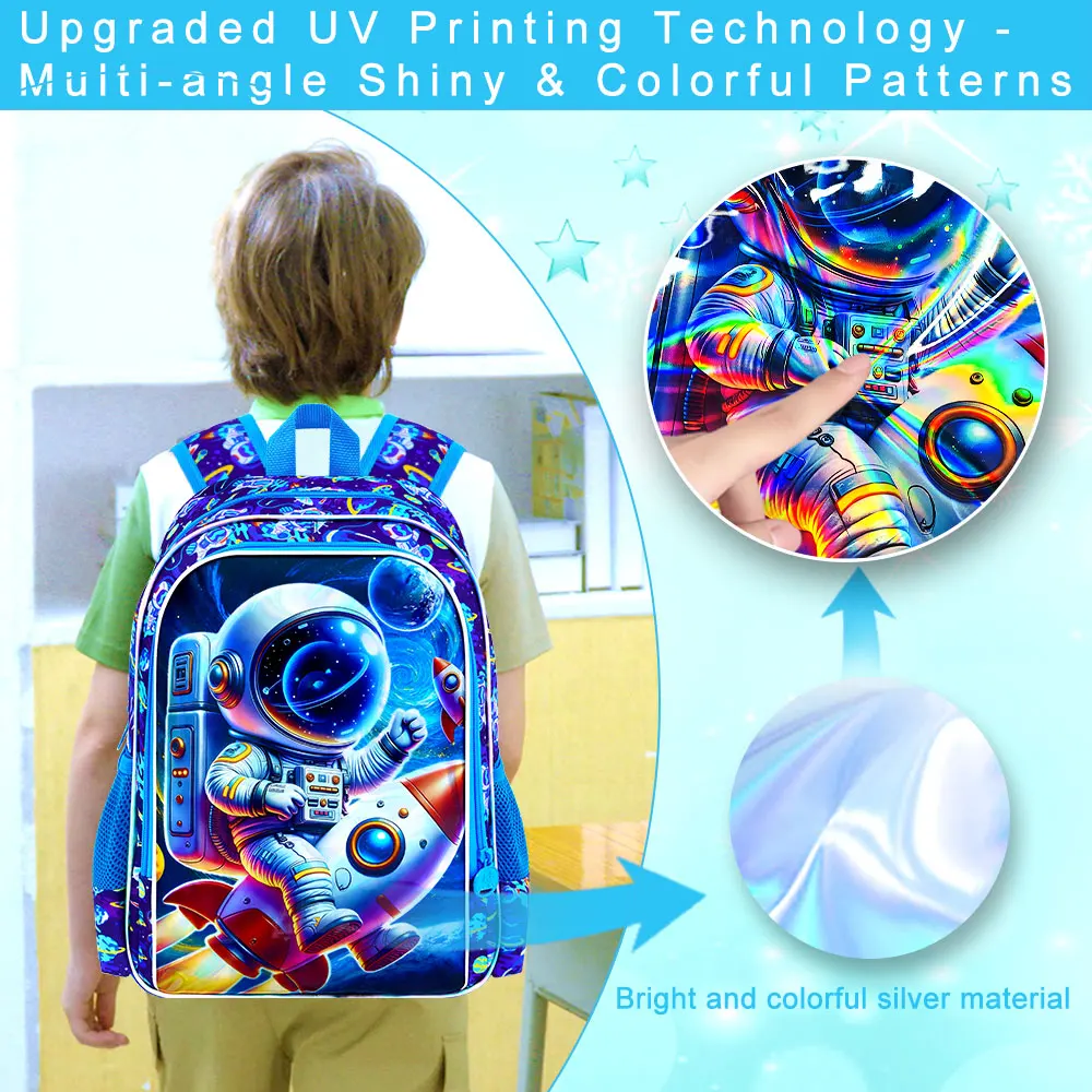 3 قطع حقائب ظهر للأولاد، حقيبة كتب للأطفال مقاس 16 بوصة مقاومة للماء للأولاد، حقيبة ظهر خفيفة الوزن مع صندوق غداء - صاروخ رواد الفضاء #6
