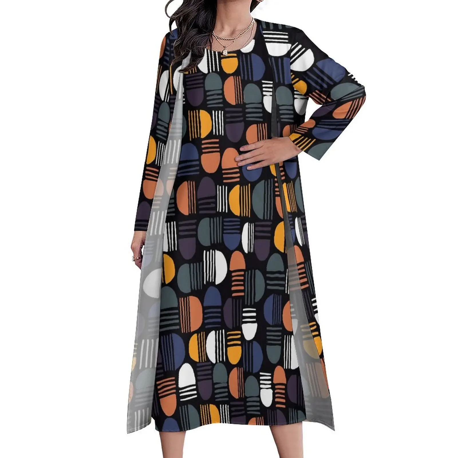 

Женское винтажное платье макси, Элегантное Длинное платье большого размера с геометрическим рисунком, в богемном стиле, в абстрактном стиле, осень