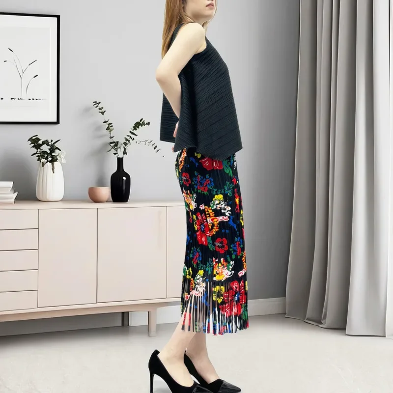 Bedrukte halterrok Rok 2025, zomer nieuwe Miyake mode opvouwbare tweedelige set dames mouwloze effen top elastische taille