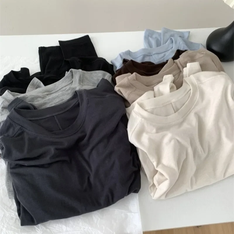 Silk Wool Splice Long Sleeve T-shirt Women Spring Summer Thin Soft Waxy Fit Solid Color Backing Top