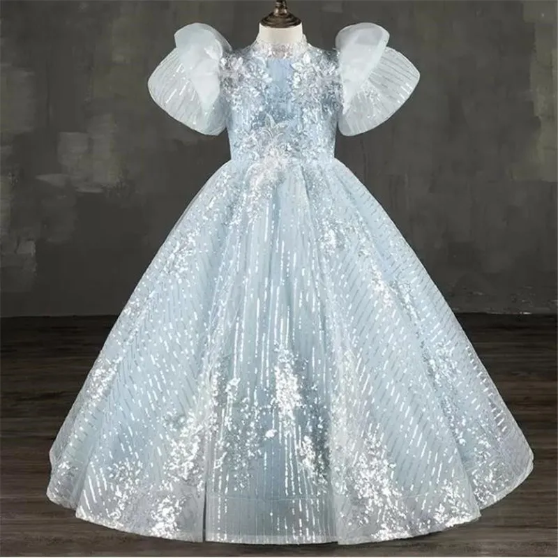 Ballkleid Prinzessin Pageant Kleider Blumen Mädchen Kleider für Hochzeit Pailletten Applique Tüll Mädchen Geburtstag Party Kleid