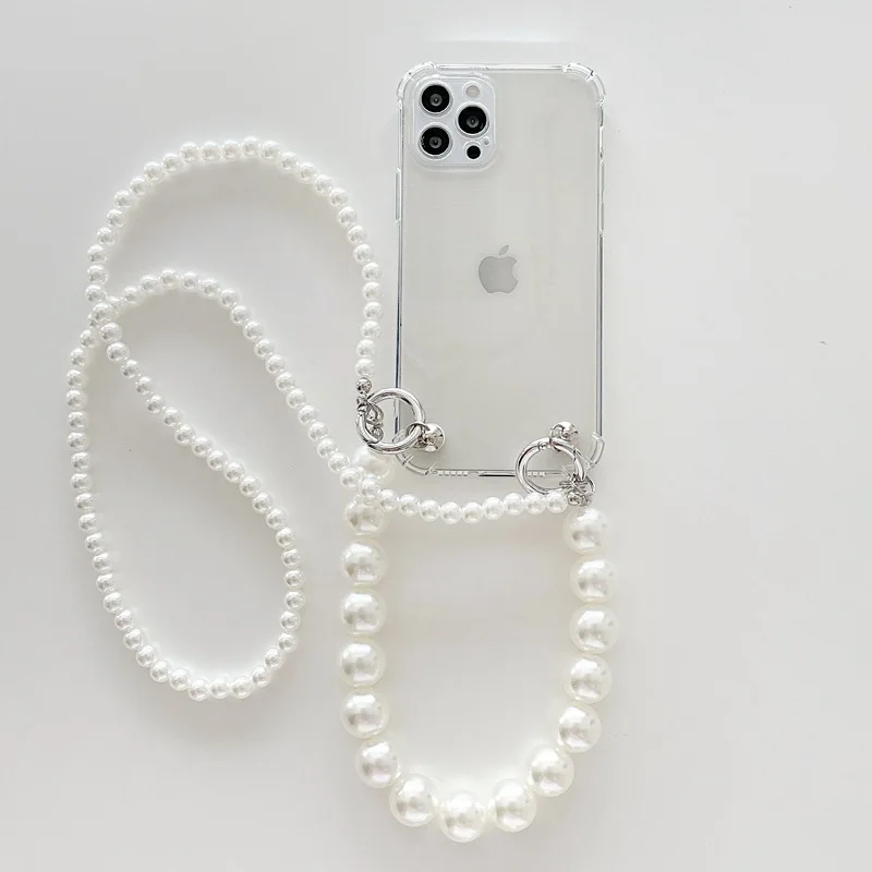 Pearl Cossbody Phone Case for iPhone 16 15 14 13 Pro Max TPU Soft Bumper with Double Lanyard Transparent Back Cover