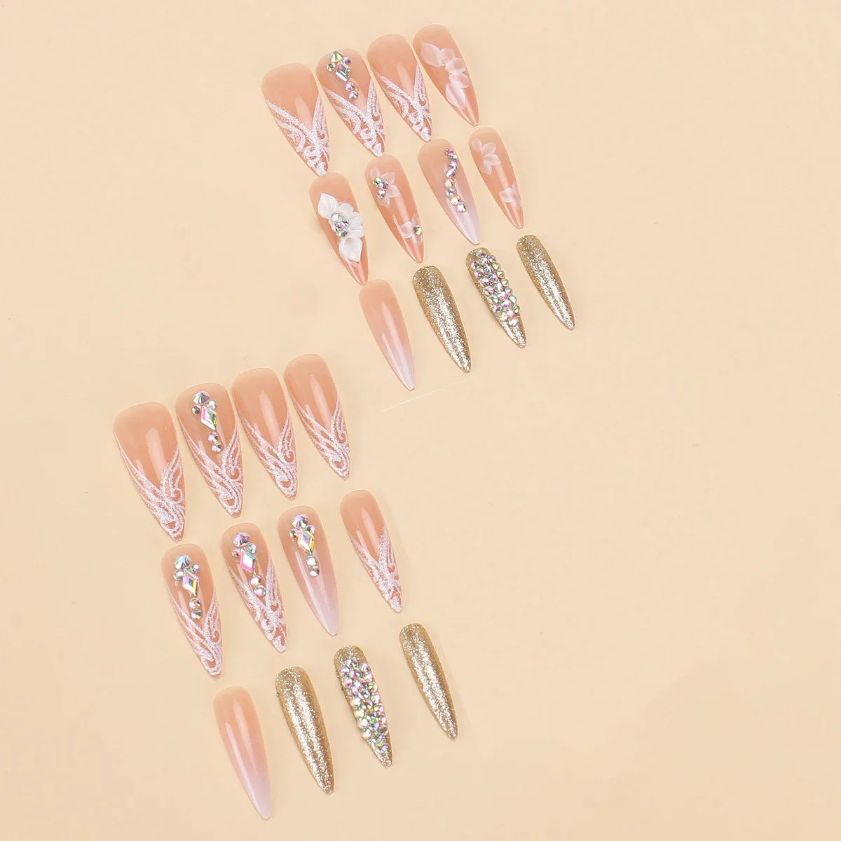 24-delige lijm lange tips druk op nagels amandel draagbare nagel bloem kristallen volledige dekking nep nagel eindproduct