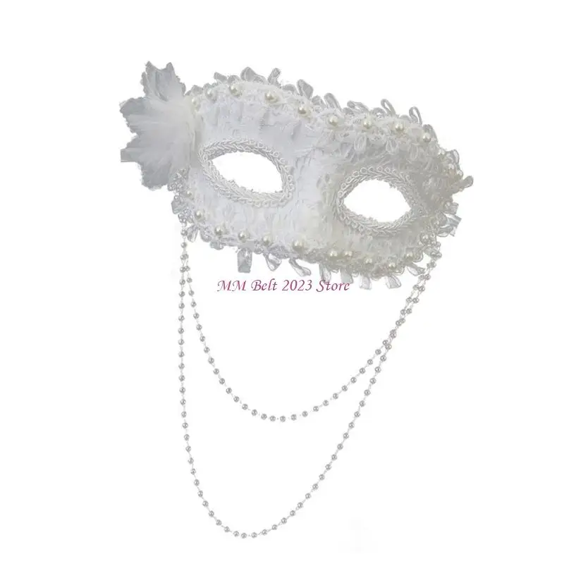 49ME Halfgelaatsmasker met elegante zijbloem en imitatieparels Lichtgewicht praktisch plastic Halloween-feest essentieel