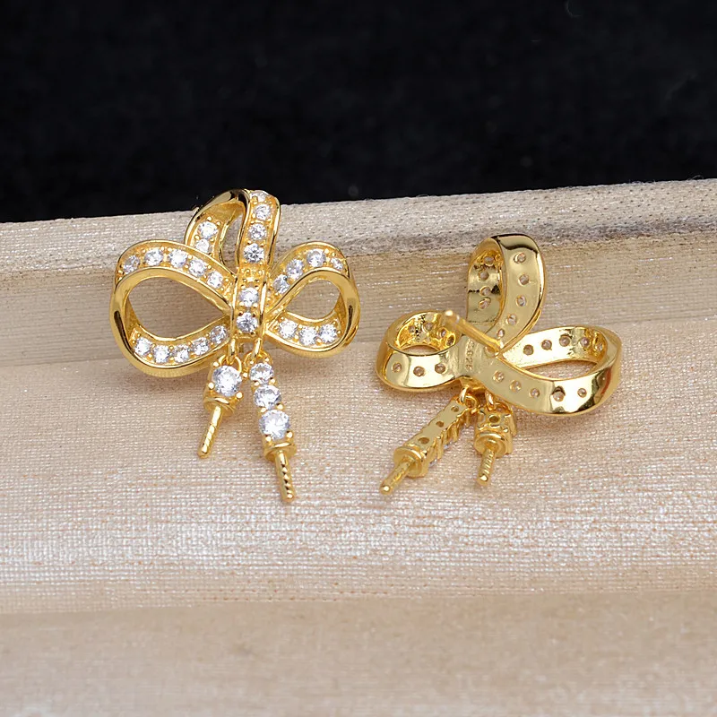 Bow Knot S925 Sterling Silver Earrings Base Findings Mountings Jewelry Mounts Fittings Accessories for 5-10mm Pearls 3 pairs/lot