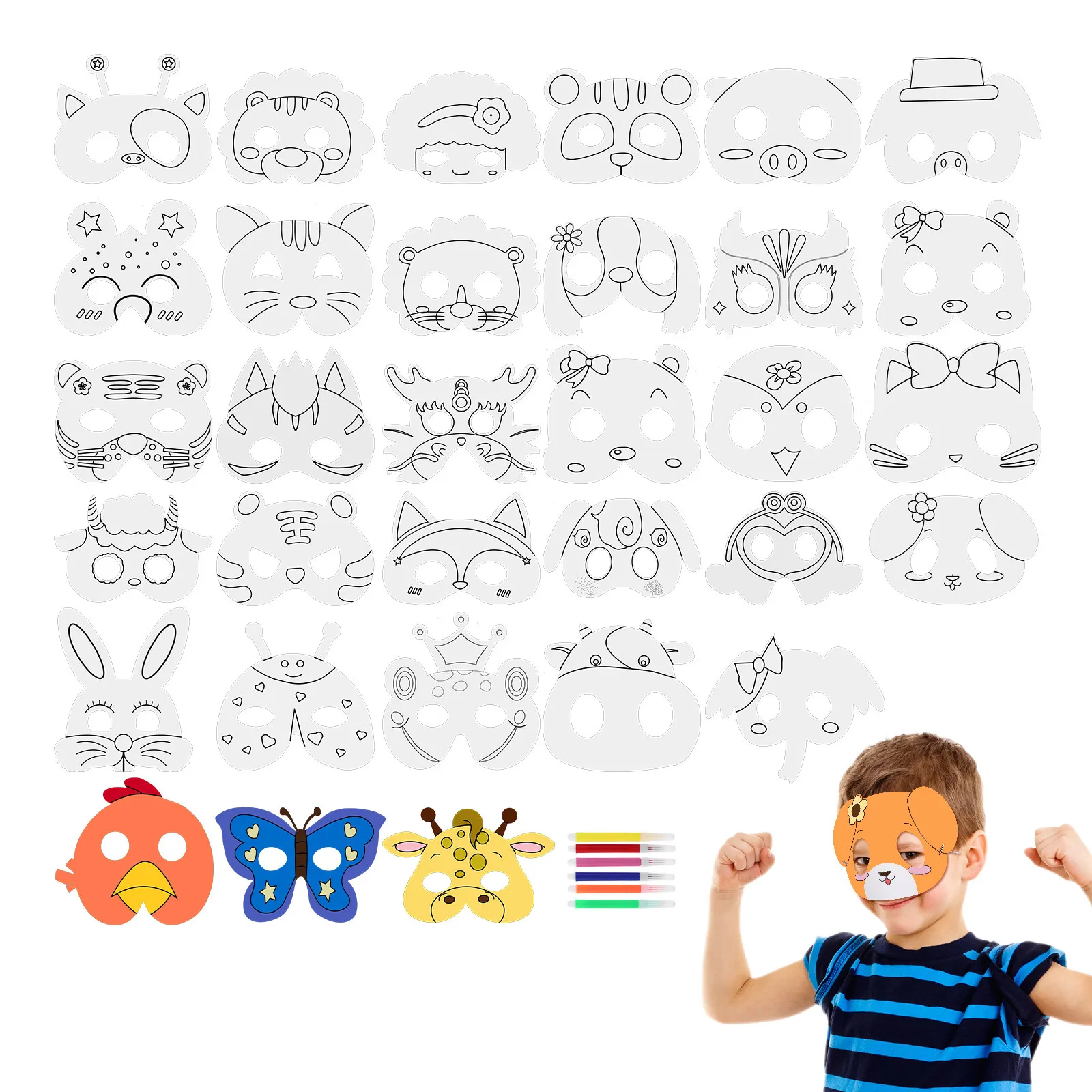 1Set Face Mask Watercolor Pen Kit Blank DIY Animal Masks for Halloween Christmas Masquerade Party Cosplay Festival Supplies