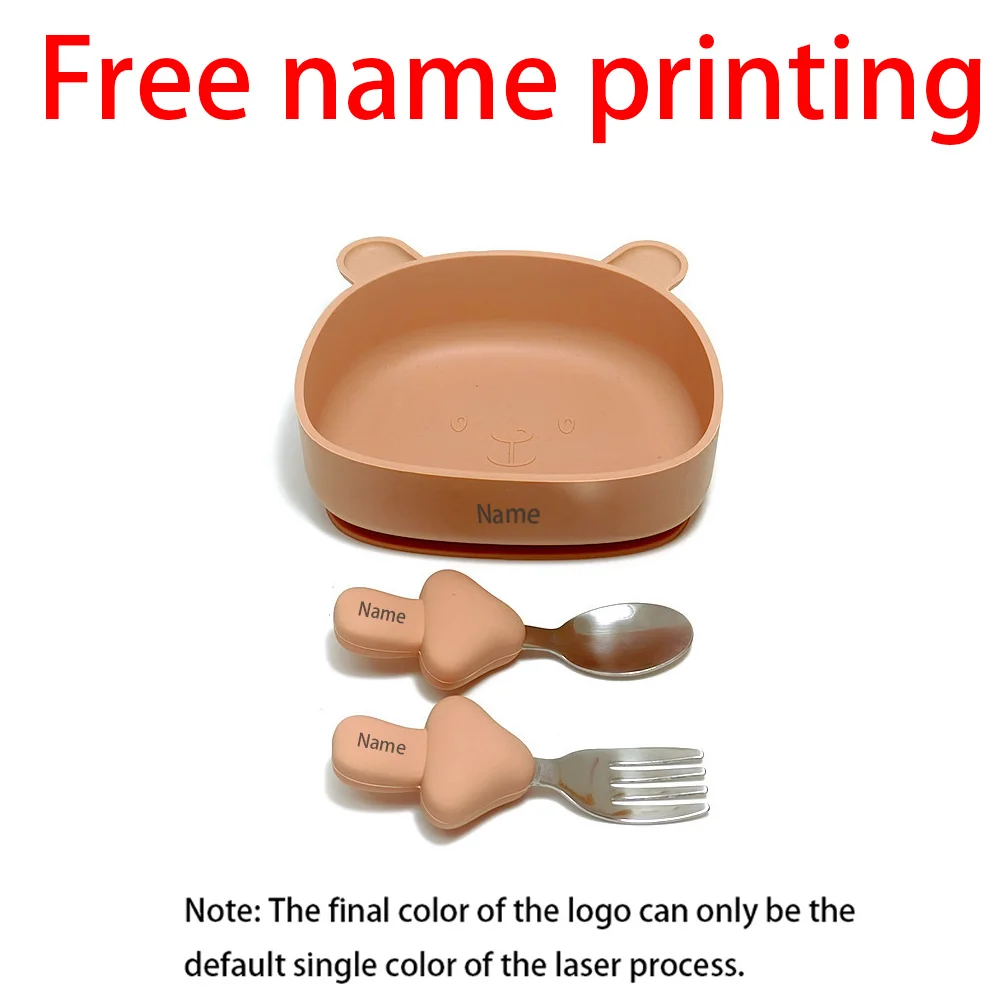 

Free Name Printing Silicone Children's Tableware Feeding Bowl Silicone Fork Spoon Meal Training Holiday Gift